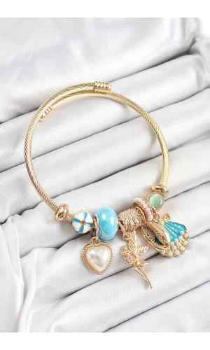 316L Çelik Mavi Zirkon Taşlı Yıldız Melek İstiridye Ve Kalp Model Gold Renk Charm Bileklik