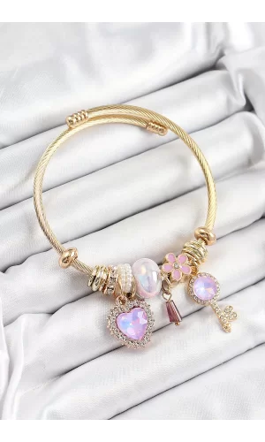 316L Çelik Mor Zirkon Taşlı Anahtar Ve Kalp Model Gold Renk Charm Bileklik
