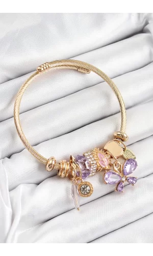 316L Çelik Mor Zirkon Taşlı Kelebek Model Gold Renk Charm Bileklik