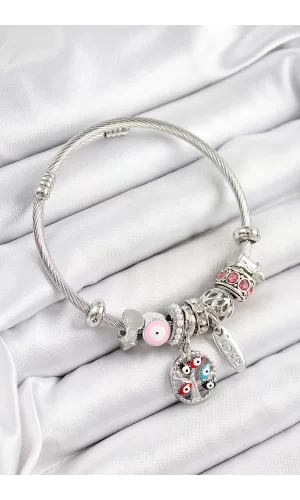 316L Çelik Pembe Nazarlı Zirkon Taşlı İnci Detaylı Hayat Ağacı Model Gümüş Renk Charm Bileklik
