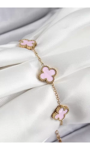 316L Çelik Pembe Sedef Yonca Model Gold Renk Kadın Bileklik