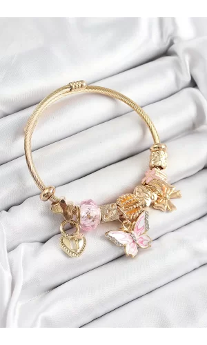 316L Çelik Pembe Zirkon Taşlı Kelebek Fiyonk Ve Kilit Model Gold Renk Charm Bileklik