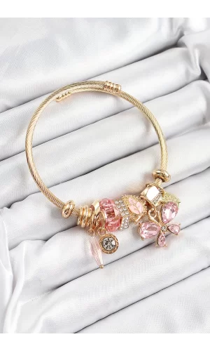 316L Çelik Pembe Zirkon Taşlı Kelebek Model Gold Renk Charm Bileklik