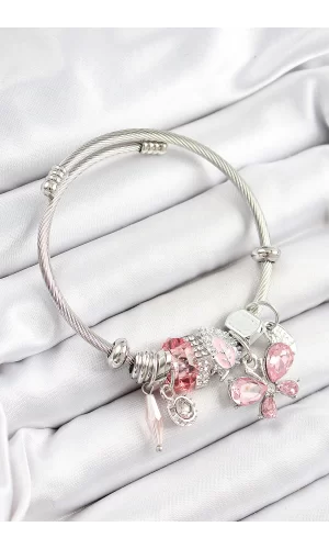 316L Çelik Pembe Zirkon Taşlı Kelebek Model Gümüş Renk Charm Bileklik