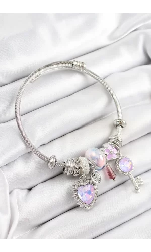 316L Çelik Pembe Zirkon Taşlı Yıldız Anahtar Ve Kalp Model Gümüş Renk Charm Bileklik