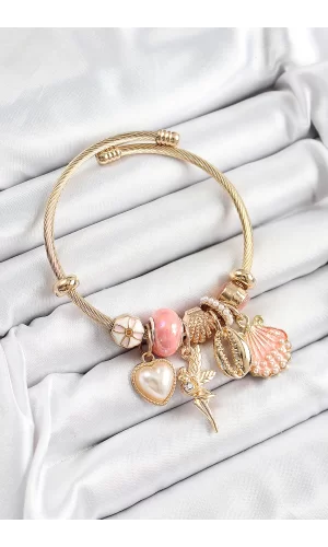 316L Çelik Pembe Zirkon Taşlı Yıldız Melek İstiridye Ve Kalp Model Gold Renk Charm Bileklik