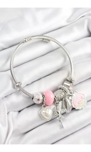 316L Çelik Pembe Zirkon Taşlı Yıldız Melek İstiridye Ve Kalp Model Gümüş Renk Charm Bileklik