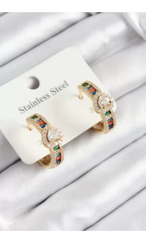 316L Çelik Renkli Zirkon Taşlı Kalpli Baget Halka Model Gold Renk Kadın Küpe
