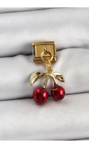 316L Çelik Sallantılı Kırmızı Kiraz Model Gold Renk Nomination Charm