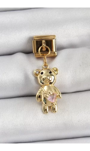 316L Çelik Sallantılı Zirkon Taşlı Ayıcık Model Gold Renk Nomination Charm