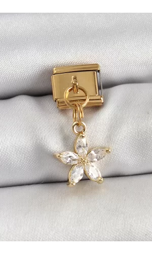 316L Çelik Sallantılı Zirkon Taşlı Çiçek Model Gold Renk Nomination Charm