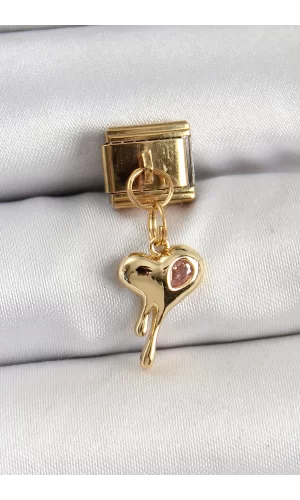 316L Çelik Sallantılı Zirkon Taşlı Eriyen Kalp Model Gold Renk Nomination Charm