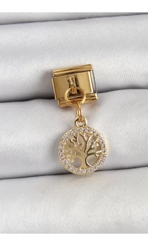 316L Çelik Sallantılı Zirkon Taşlı Hayat Ağacı Model Gold Renk Nomination Charm