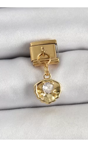 316L Çelik Sallantılı Zirkon Taşlı İstiridye Model Gold Renk Nomination Charm