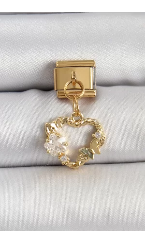 316L Çelik Sallantılı Zirkon Taşlı Kalp Model Gold Renk Nomination Charm