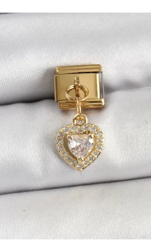 316L Çelik Sallantılı Zirkon Taşlı Kalp Model Gold Renk Nomination Charm