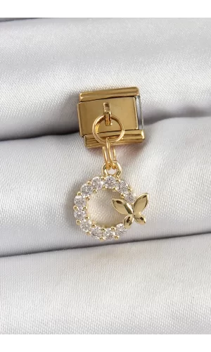 316L Çelik Sallantılı Zirkon Taşlı Kelebek Detaylı Halka Model Gold Renk Nomination Charm