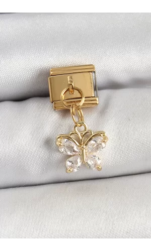 316L Çelik Sallantılı Zirkon Taşlı Kelebek Model Gold Renk Nomination Charm