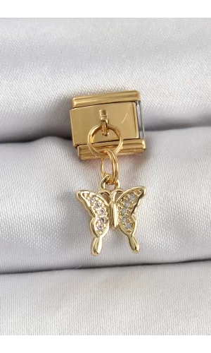 316L Çelik Sallantılı Zirkon Taşlı Kelebek Model Gold Renk Nomination Charm