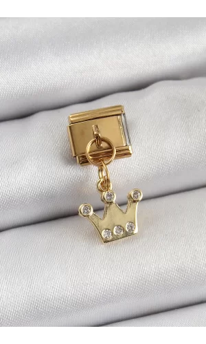 316L Çelik Sallantılı Zirkon Taşlı Kraliçe Tacı Model Gold Renk Nomination Charm