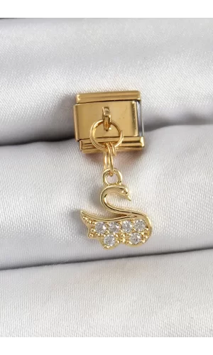 316L Çelik Sallantılı Zirkon Taşlı KuğuModel Gold Renk Nomination Charm