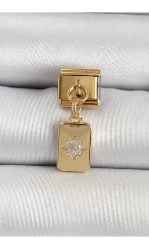 316L Çelik Sallantılı Zirkon Taşlı Kutup Yıldızı Figürlü Dikdörtgen Model Gold Renk Nomination Charm