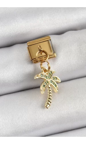 316L Çelik Sallantılı Zirkon Taşlı Palmiye Ağacı Model Gold Renk Nomination Charm