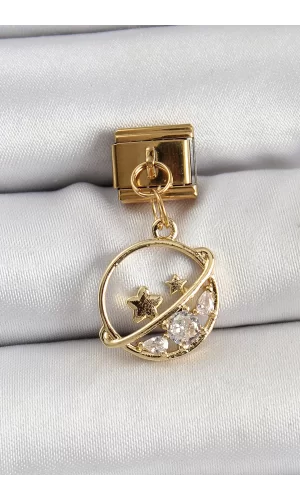 316L Çelik Sallantılı Zirkon Taşlı Satürn Model Gold Renk Nomination Charm
