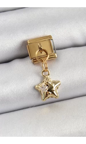 316L Çelik Sallantılı Zirkon Taşlı Yıldız Model Gold Renk Nomination Charm