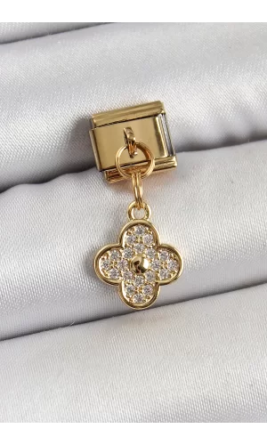 316L Çelik Sallantılı Zirkon Taşlı Yonca Model Gold Renk Nomination Charm
