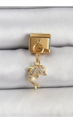 316L Çelik Sallantılı Zirkon Taşlı Yunus Balığı Model Gold Renk Nomination Charm