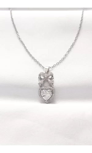 316L Çelik Silver Renk Zirkon Taşlı Kalpli Fiyonk Kolye