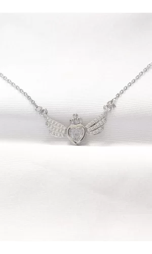 316L Çelik Silver Renk Zirkon Taşlı Kalpli Kanat Kolye