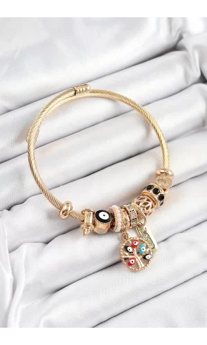 316L Çelik Siyah Nazarlı Zirkon Taşlı İnci Detaylı Hayat Ağacı Model Gold Renk Charm Bileklik
