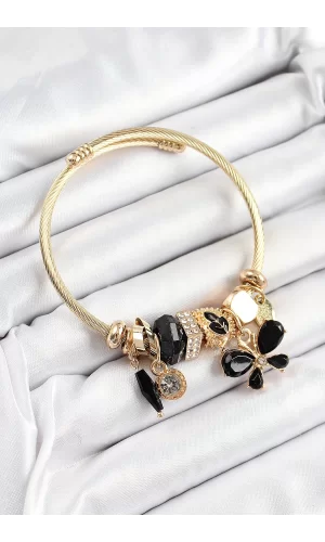 316L Çelik Siyah Zirkon Taşlı Kelebek Model Gold Renk Charm Bileklik