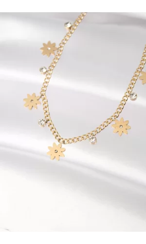 316L Çelik Taşlı Gold Renk Çoklu Çiçek Kolye