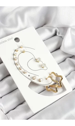 316L Çelik Yıldız Figürlü Ve Zirkon Taşlı Gold Renk 7li Çift Kadın Küpe Set