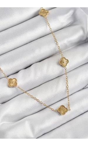 316L Çelik Yonca Model Gold Renk Kadın Kolye