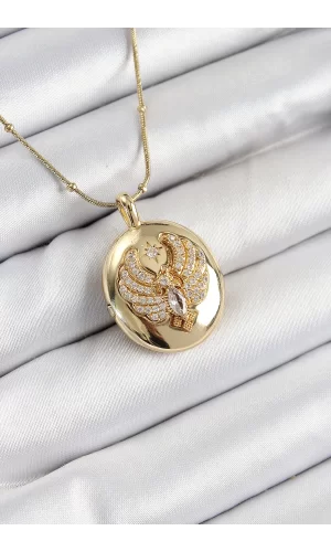 316L Çelik Zincir Açılabilir Anka Kuşu Model Zirkon Taşlı Gold Renk Kadın Kolye