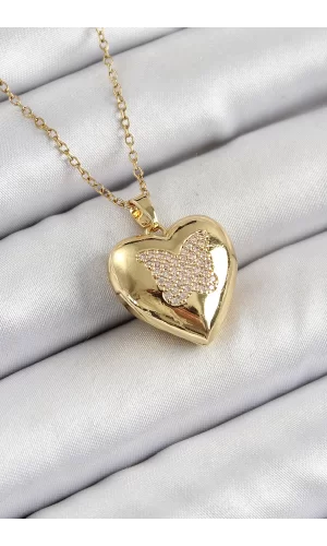 316L Çelik Zincir Açılabilir Kelebek Figürlü Kalp Model Zirkon Taşlı Gold Renk Kadın Kolye