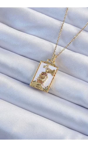 316L Çelik Zincir Altın Renk Beyaz Mineli Tarot Kolye