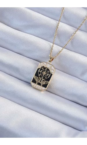 316L Çelik Zincir Altın Renk İşlemeli Siyah Mineli Tarot Kolye