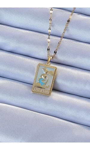 316L Çelik Zincir Altın Renk Mavi Mineli Tarot Kolye
