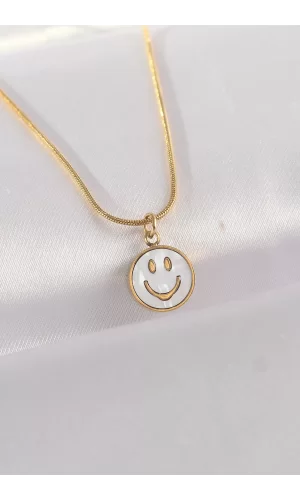 316L Çelik Zincir Altın Renk Mermer Desenli Minimal Smile Kolye