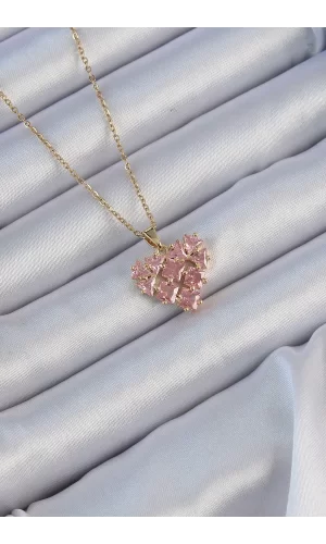 316L Çelik Zincir Altın Renk Pembe Parçalı Zirkon Taşlı Kalp Kolye