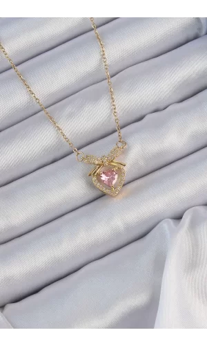 316L Çelik Zincir Altın Renk Pembe Zirkon Taşlı Fiyonklu Kalp Kolye