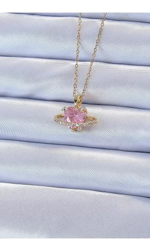 316L Çelik Zincir Altın Renk Pembe Zirkon Taşlı Satürn Görünümlü Kalp Kolye