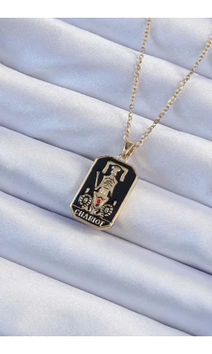 316L Çelik Zincir Altın Renk Siyah Mineli Tarot Kolye