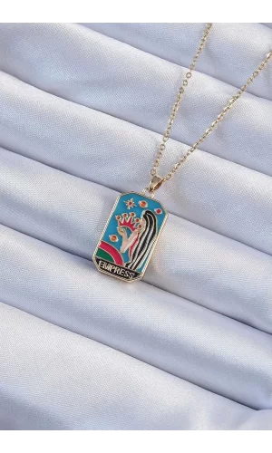 316L Çelik Zincir Altın Renk Taç ve Kız Figürlü Renkli Mineli Tarot Kolye