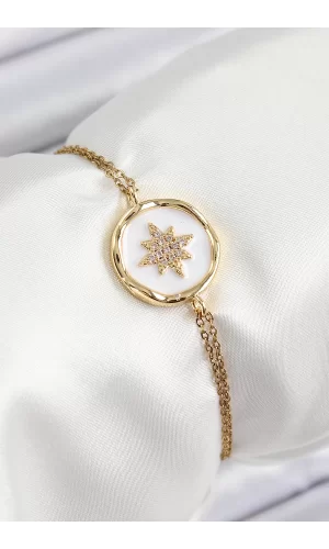 316L Çelik Zincir Beyaz Mineli Sanatsal Portre Kuzey Yıldızı Model Gold Renk Kadın Bileklik